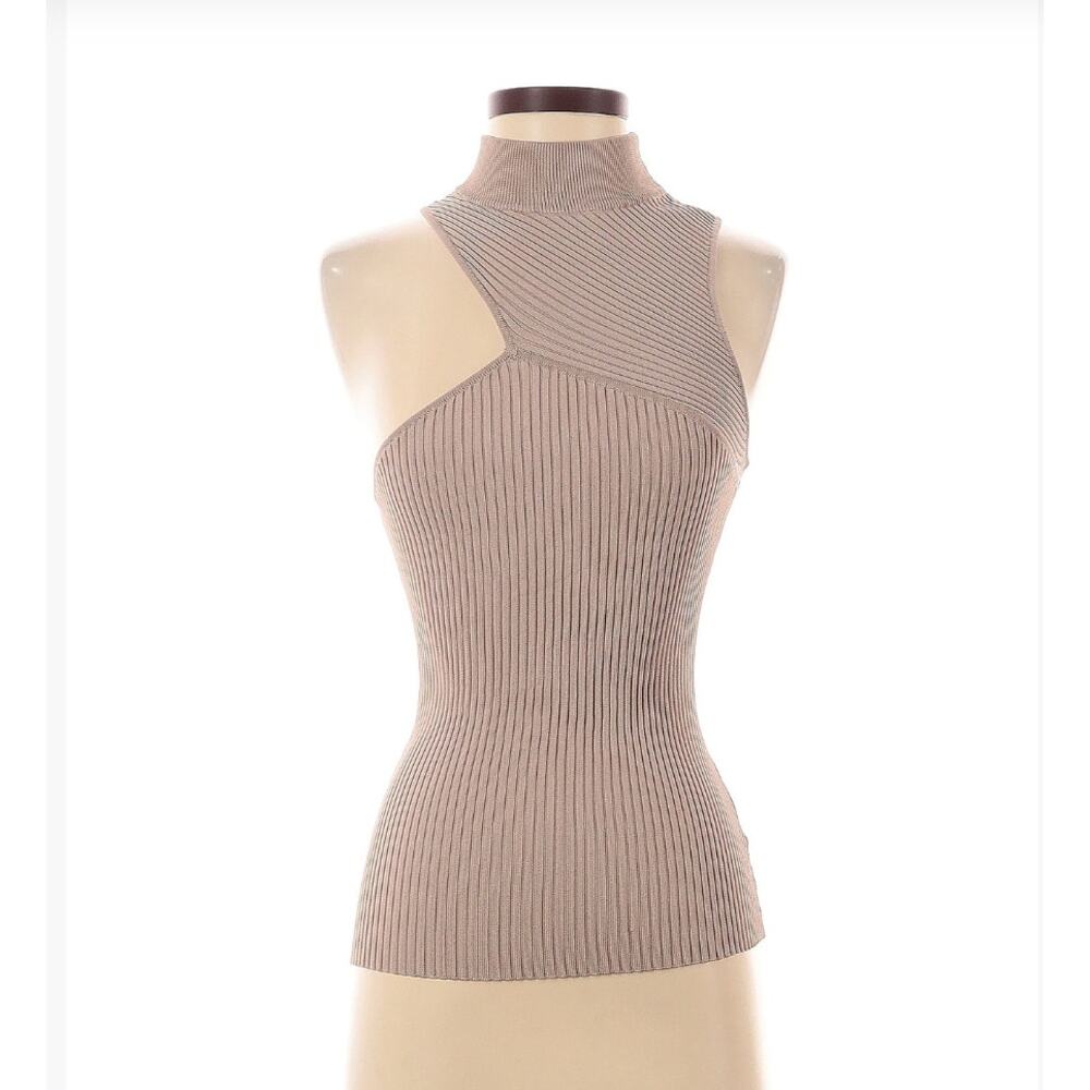 Intermix nude ribbed knit tank mock neck asymmetrical one-shoulder cutout small